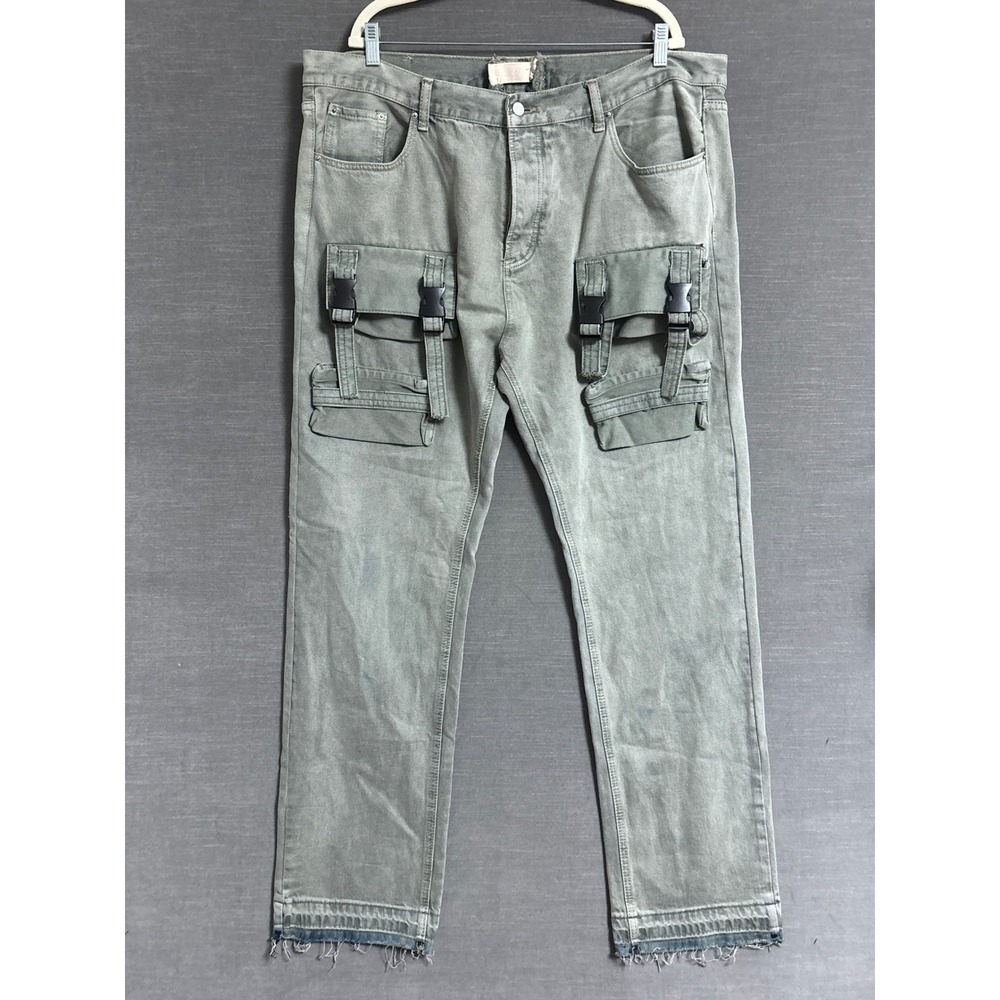 MHML Cargo Jeans 42x33 Green Buckle Pockets Raw‎ Hem Denim Pants Utility Button